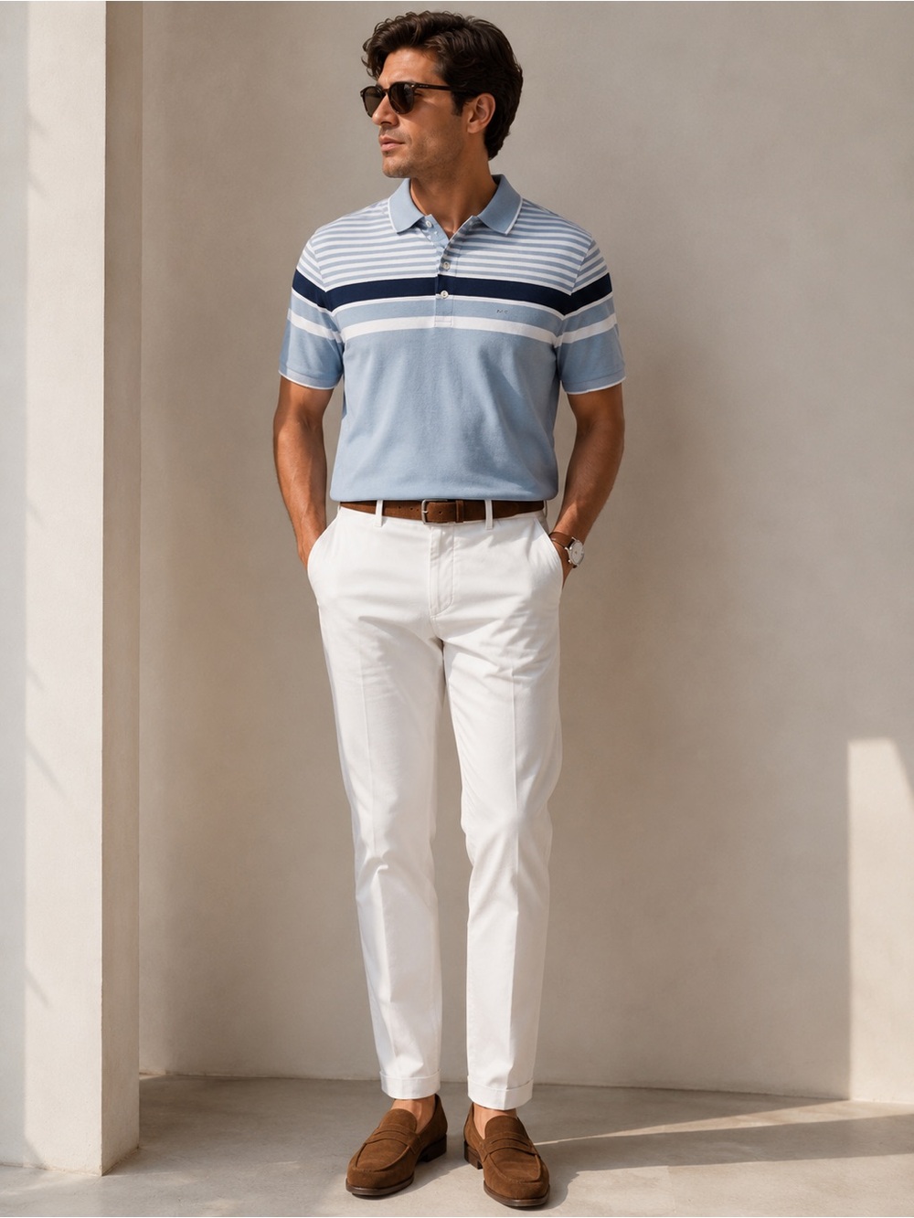 Michael Kors Mens Striped Pique Polo Shirt L Blue Navy